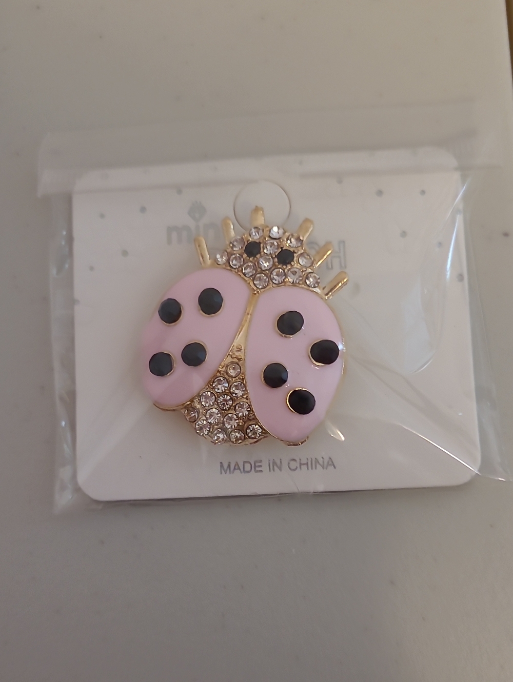 Pink Ladybug Brooch - Sparkling Gold Accent
